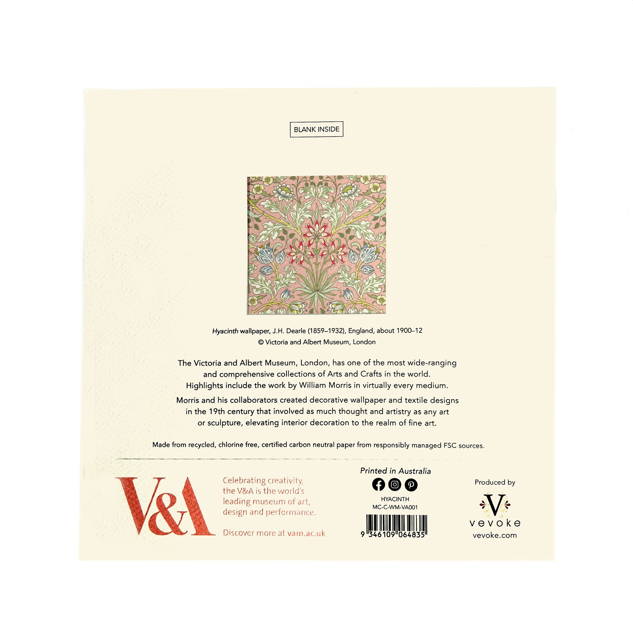 A square card with William Morris' Hyacinth design (1900–12), held in London's Victorian and Albert Museum.